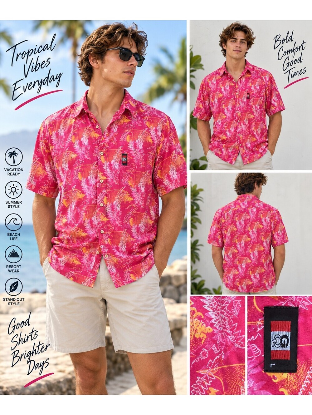 Men’s Hot Pink Tropical Button-Up Shirt Retro Y2K Vacation Resortwear